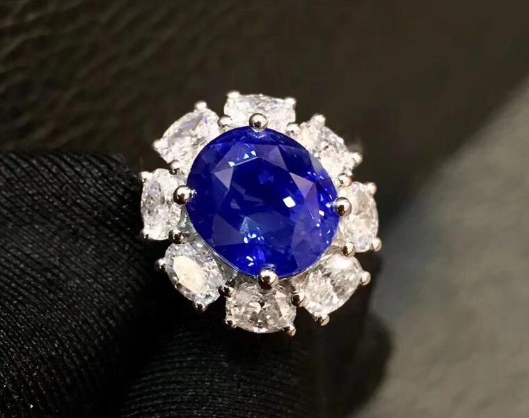 Royal Blue Sapphires Ring with Diamond Halo Setting